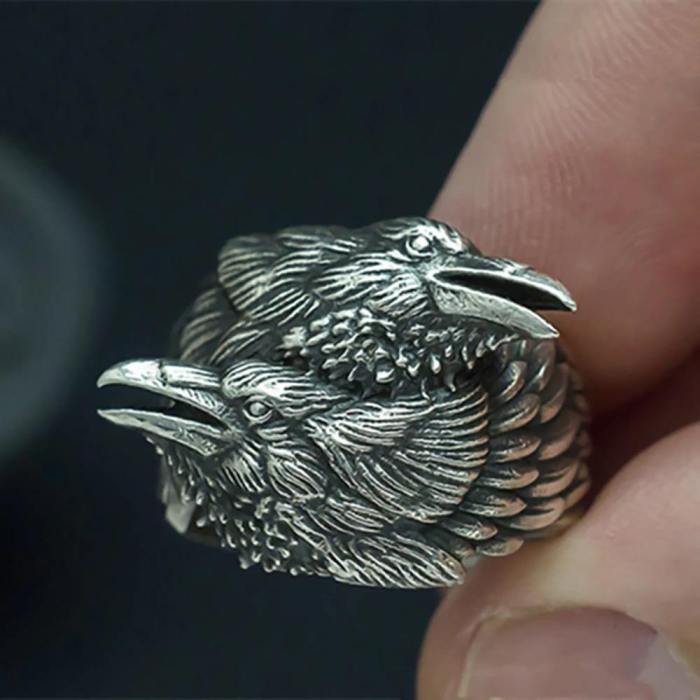 Two Entwined Viking Ravens Ring In Stainless Steel