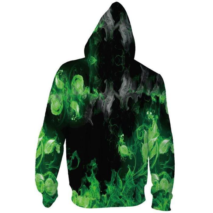 Mens Zip Up Hoodies 3D Printed Green Smoke Printing Pattern Hooded