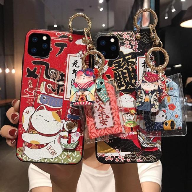 Lucky Cat Phone Case With Hand Strap And Key Chain