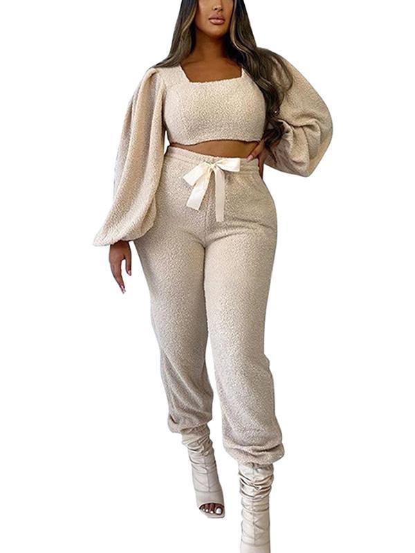 Womens Sexy 2 Piece Outfit Lantern Sleeve Crop Top Jogger Tracksuit