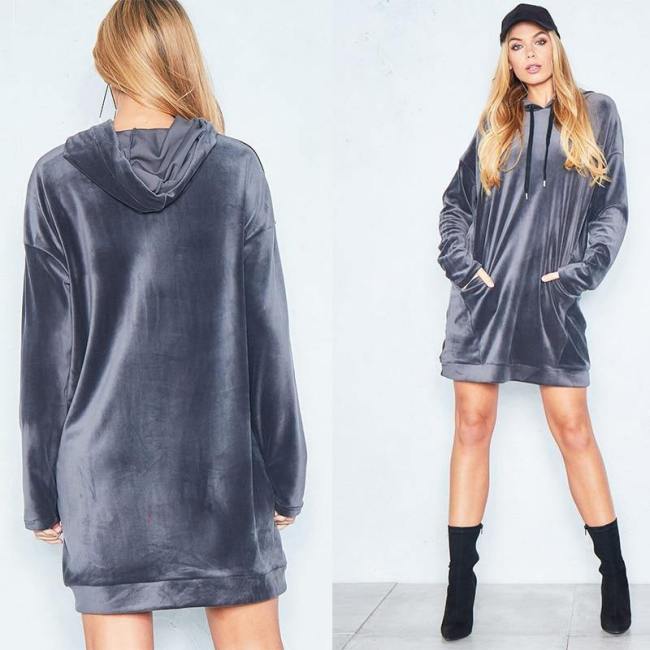 Silver Gray Fashion Women'S Casual Style Hooded Hoodie Long Sleeve Sweatshirts Pocket Streetwear Tunic Sweater Dress