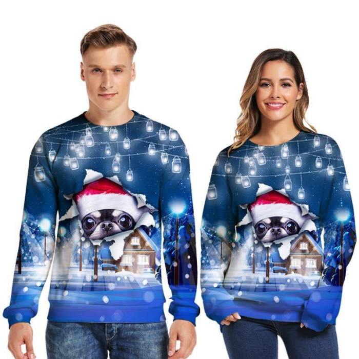 Mens Pullover Sweatshirt 3D Printed Christmas Curious Dog Long Sleeve Shirts