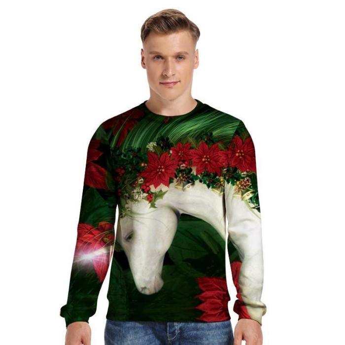 Mens Pullover Sweatshirt 3D Printed Christmas Lovely Horse Long Sleeve Shirts