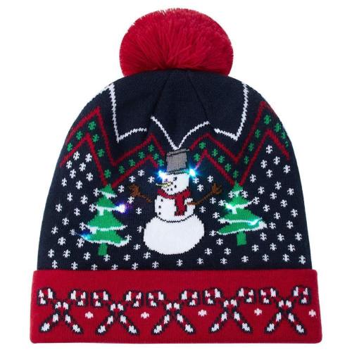 Womens Mens Flashing Light Up Knitted Hat Snowman Printed Christmas Beanie Hats Holiday Cap