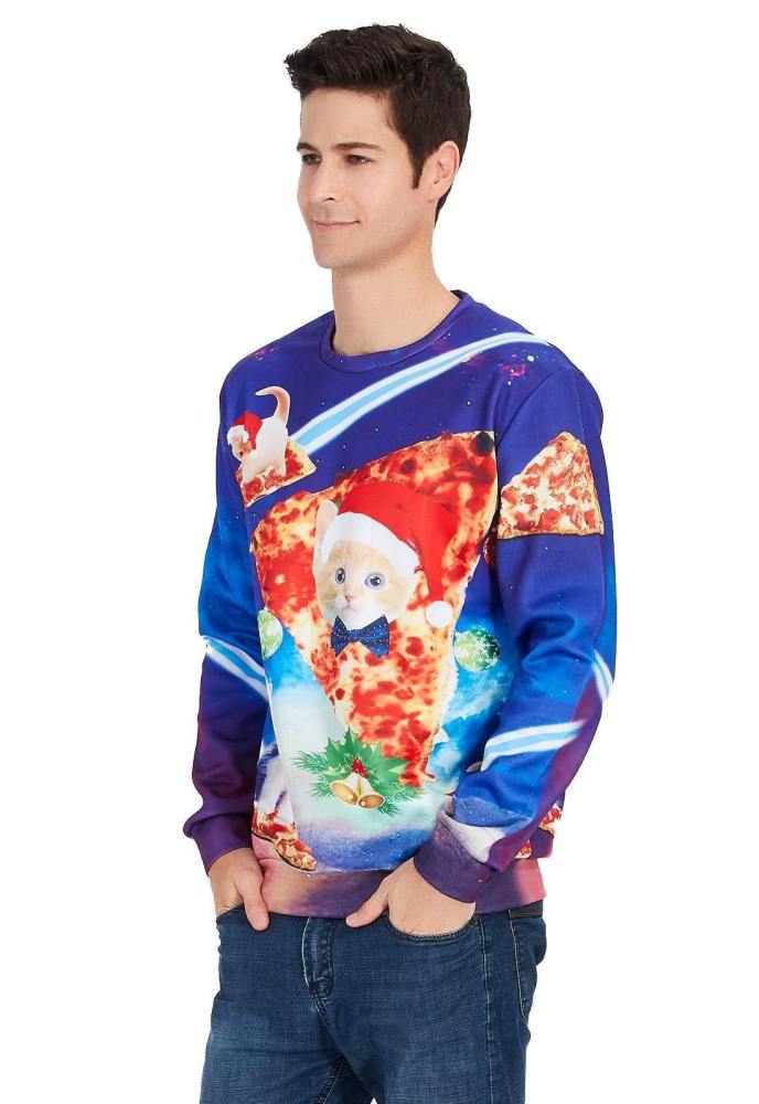 Mens Pullover Sweatshirt 3D Printing Galaxy Pizza Cat Pattern