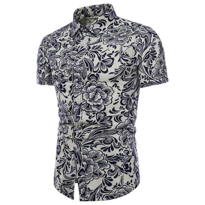 New Summer Men'S Slim Casual Linen Printing Flower Short Sleeve Shirts