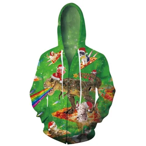 Mens Zip Up Hoodies Dinosaur Cat 3D Printing Hoody