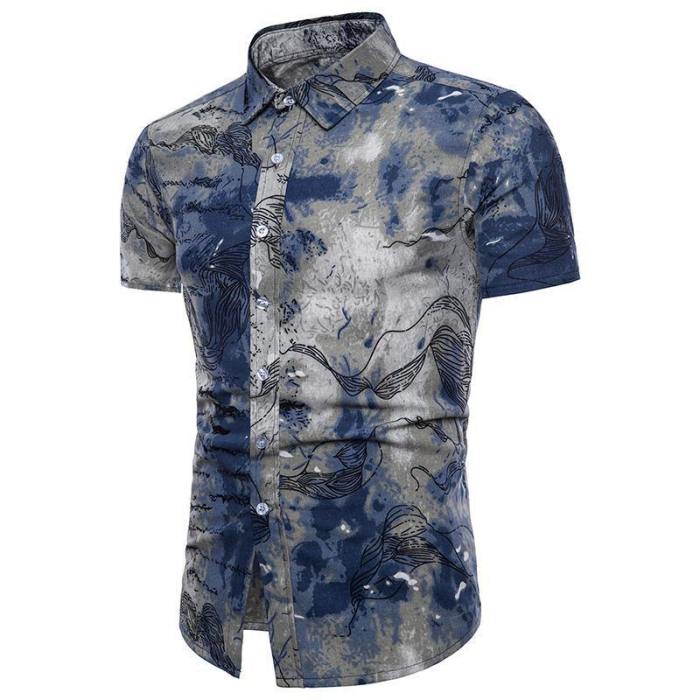 New Summer Men'S Slim Casual Linen Printing Flower Short Sleeve Shirts