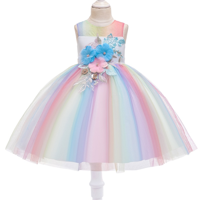 Princess Girls Tutu Flower Embroidered Ball Gown Wedding Party Dresses