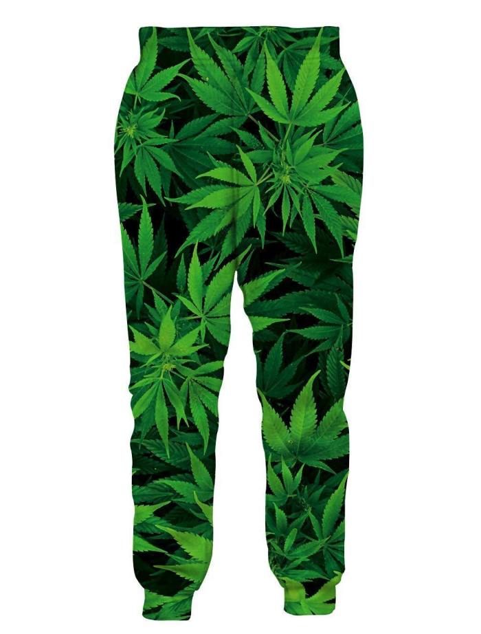 Mens Jogger Pants 3D Printing Green Weed Leaves Pattern Sweatpants