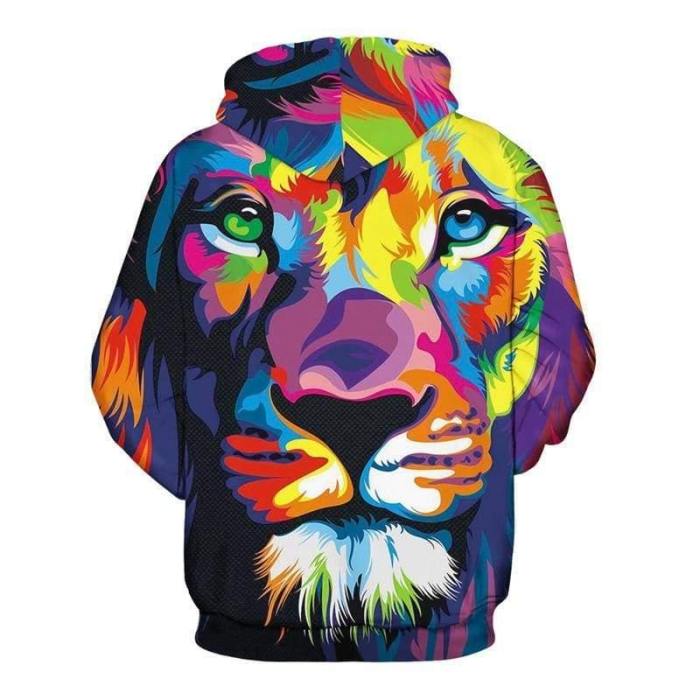 3D Print Hoodie - Color Paint Lion Head Pattern Pullover Hoodie