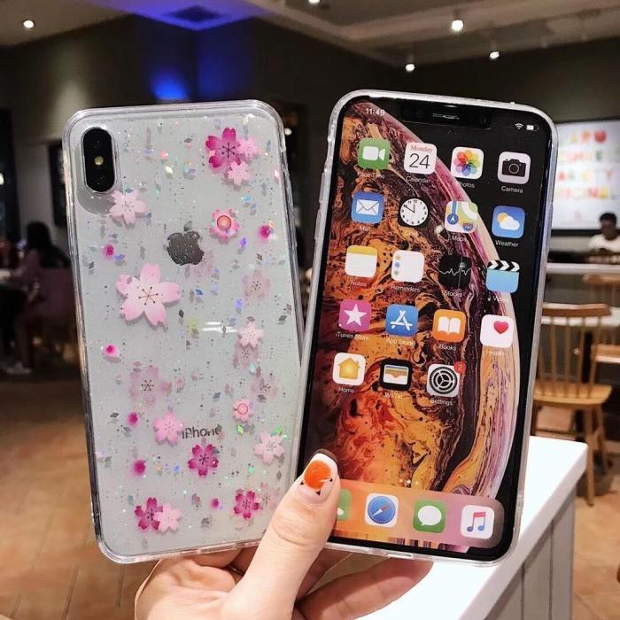 Real Pressed Dried Pink Sakura Flower Glitter Phone Case