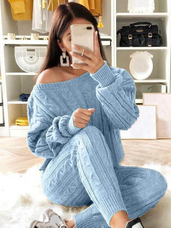 Womens Sweater Suit Off Shoulder Cable Knitted 2 Pieces Outfits