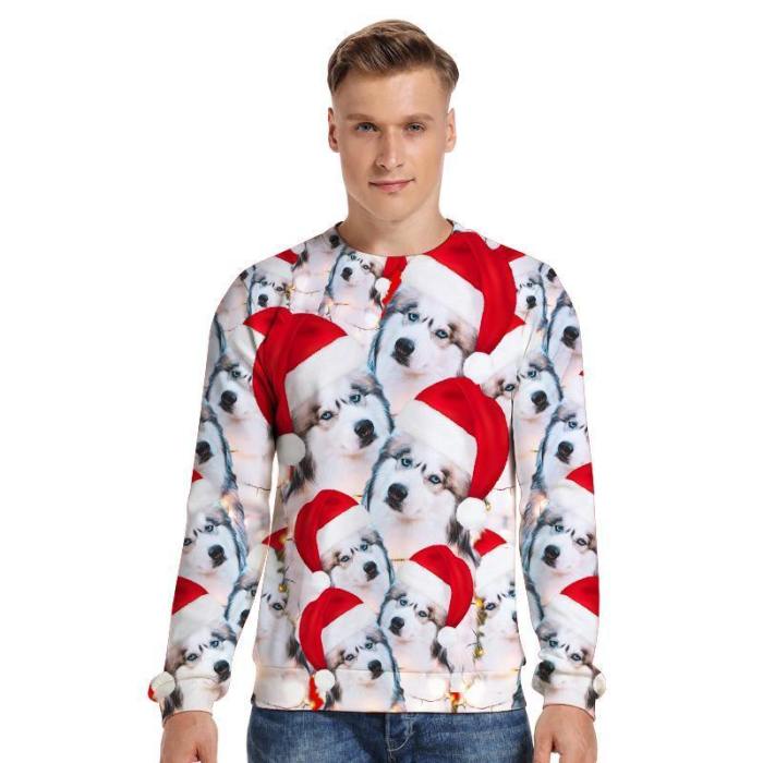 Mens Pullover Sweatshirt 3D Printed Christmas Dog Party Long Sleeve Shirts
