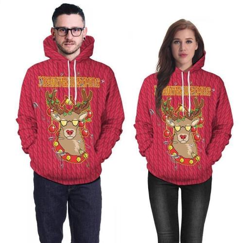 Mens Red Hoodies 3D Graphic Printed Merry Christmas Cool Deer Pullover