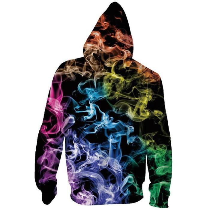 Mens Zip Up Black Hoodies Colorful Smoke 3D Graphic Printing Hoody