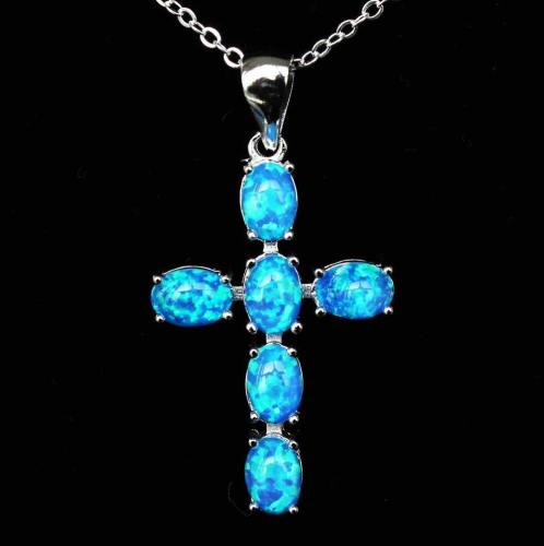 Cool Christian Cross Design Fire Opal Pendant Necklace - White Or Blue