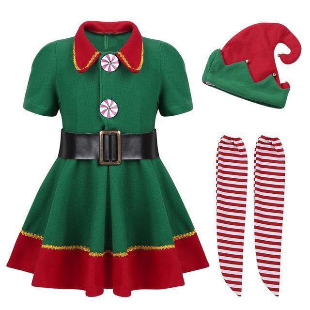Green Elf Girls Christmas Costume Festival Santa Clause For Girls New Year Chilren Clothing Fancy Dress Xmas Party Dress