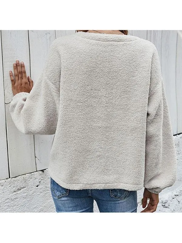 Womens Button Front V Neck Fuzzy Cardigan Coat