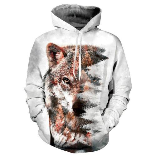 Mens Hoodies 3D Printed Winter Wolf Printing Hooded