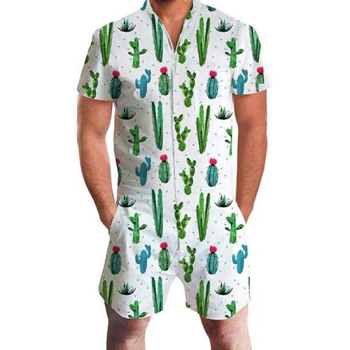 Men Romper Cactus Pattern Funny Zip Up Jumpsuit