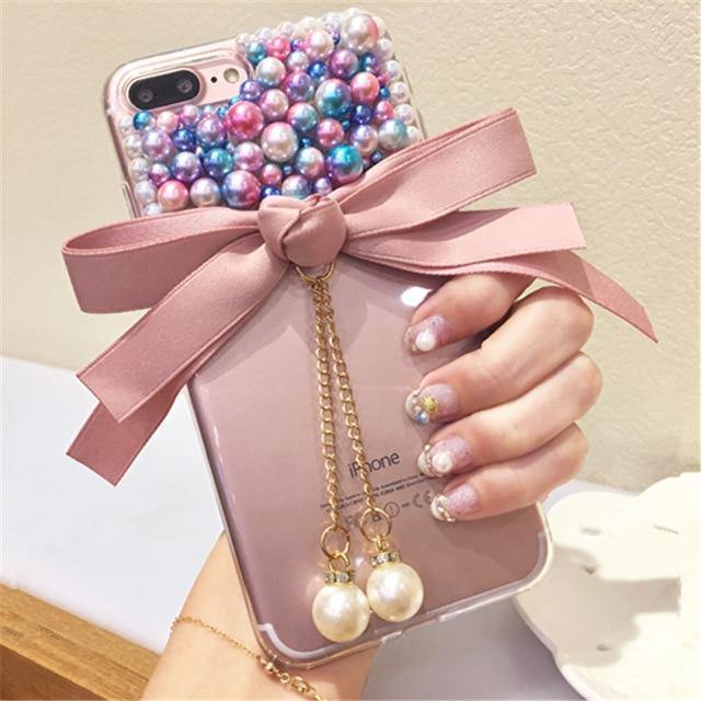 Glitter Rhinestone Color Pearls Bow With Pearl Phone Case