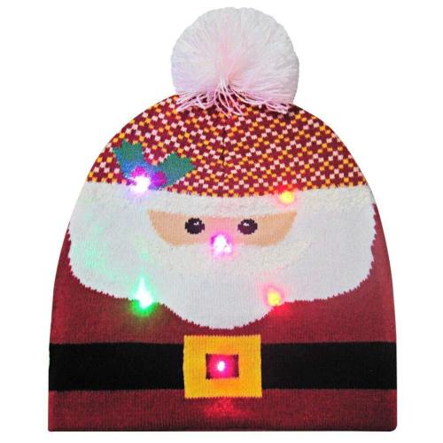Christmas Hats Men Women Funny Santa Claus Printed Knitted Light Hat Cuff Knit Pom Cap
