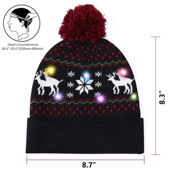 Light Up Holiday Cap Xmas Reindeer Pattern X-Mas Black Hat Christmas Kintwear With Led Lights