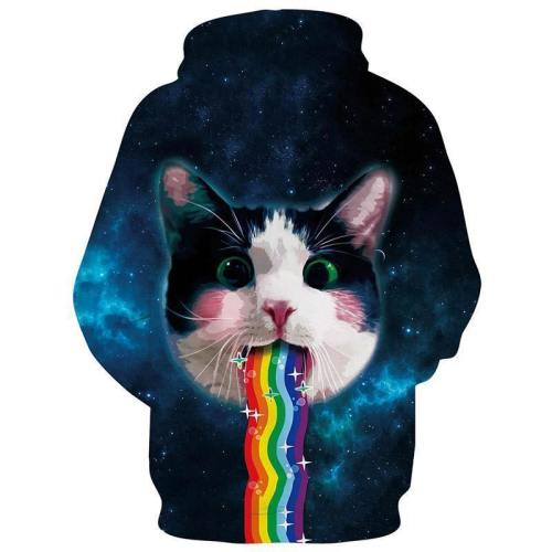 Mens Hoodies 3D Printed Rainbow Cat Printing Pattern Hooded