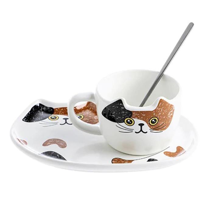 Ceramic Cat Coffee Mug And Cookie Plate Set