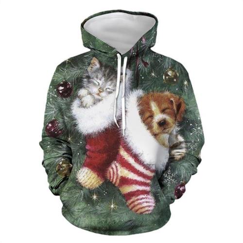 Mens Hoodies 3D Graphic Printed Christmas Sleeping Cat Dog Pullover