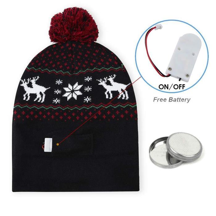 Light Up Holiday Cap Xmas Reindeer Pattern X-Mas Black Hat Christmas Kintwear With Led Lights