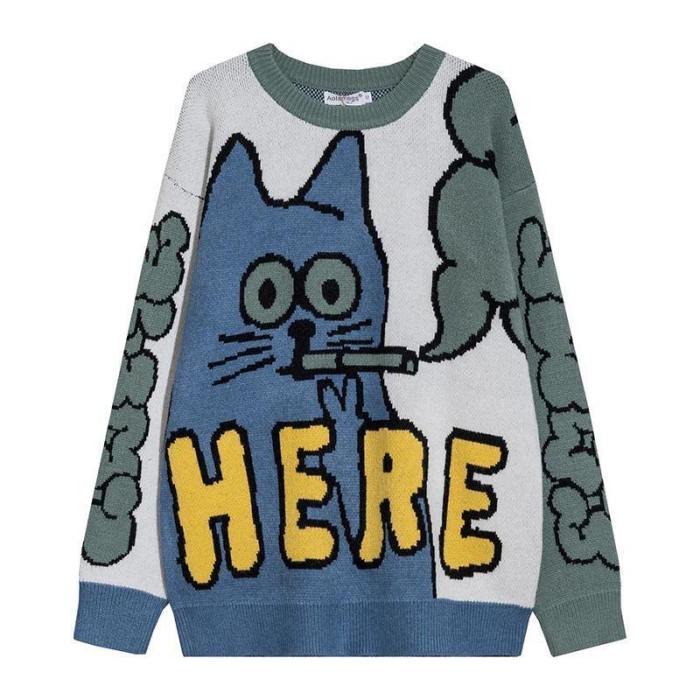 Funny Smoking Cat Knitted Pullover Sweater