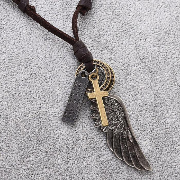 Vintage Angel Wing And Cross Pendant Necklace