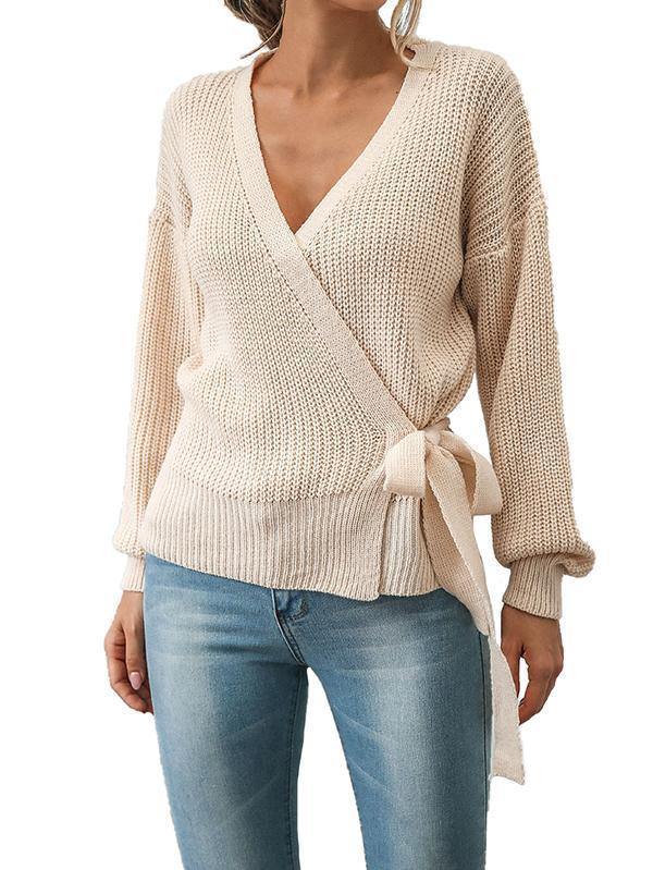 Solid V Neck Wrap Sweater With Tie Side