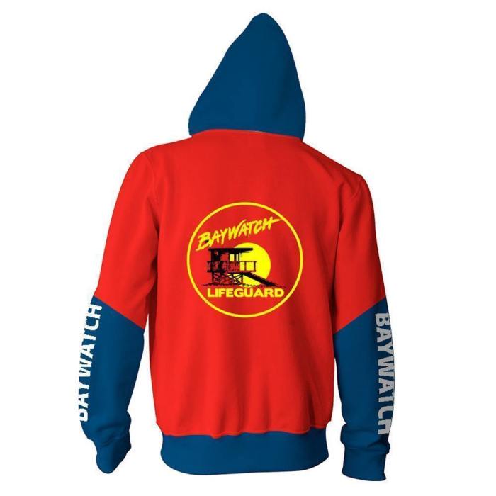 Unisex Tv Series Hoodies Baywatch Lifeguard Zip Up 3D Print Jacket Sweatshirt