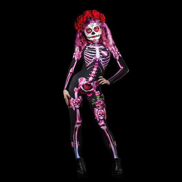 Pink Skeleton Halloween Cosplay Jumpsuit Wig Women Scary Costume Spooky Fancy Dress  Day Of The Dead Mummy Horror Carnival Party