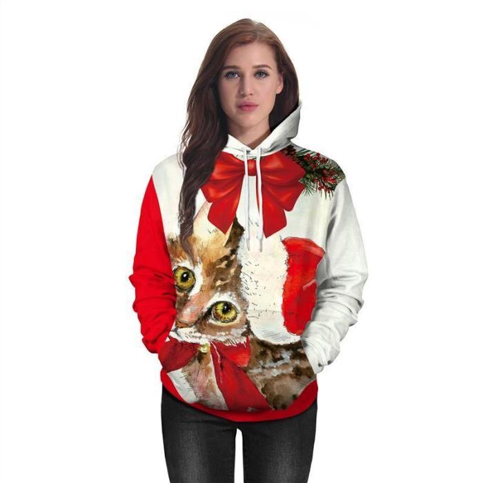 Womens Red Hoodies 3D Graphic Printed Merry Christmas Cat Face Pullover
