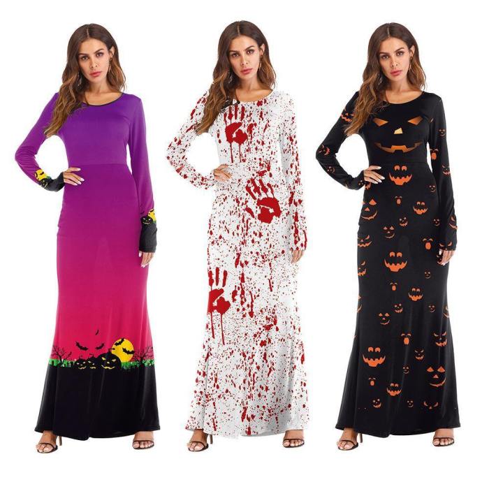 Halloween Party Long Dress Pumpkin Costume For Women And Girls