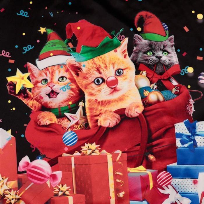 Mens Black Pullover Sweatshirt 3D Graphic Printing Merry Christmas Cat Pattern