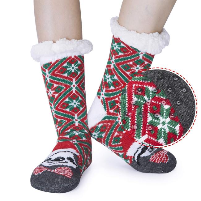 New Women Girls Fleece Lining Fuzzy Warm Socks Sloth Printed Skid Bilayer Soft Indoor Home Slippers Socks For Fall Winter