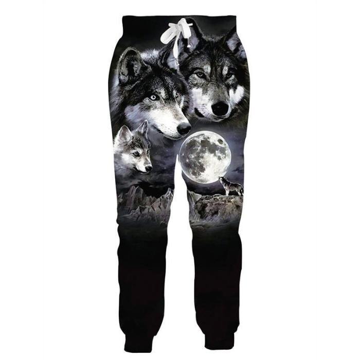 Mens Jogger Pants 3D Printing Wolf Face Pattern Trousers