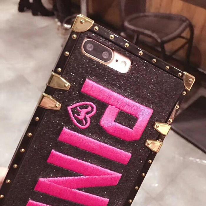 Luxury Glitter Metal Eye-Trunk Bag Phone Case With Embroidered 3D Pink Letter