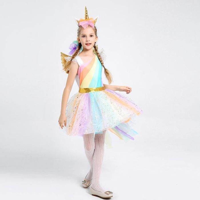 Girls Dress Unicorn Costume Rainbow Skirt For Kids Halloween Party