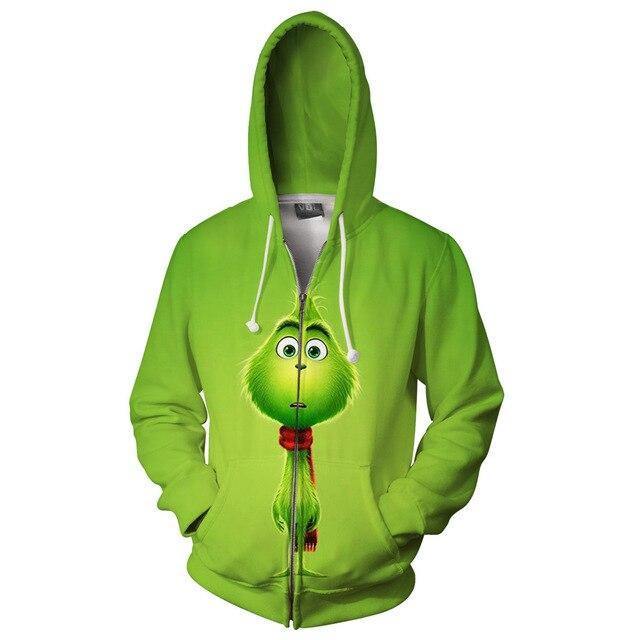 Christmas Grinch Sweater Hoodies Adults Cartoon 3D Print Zip-Up Sweatshirts Men Women Pullovers Grinch Costume Christmas Clothes