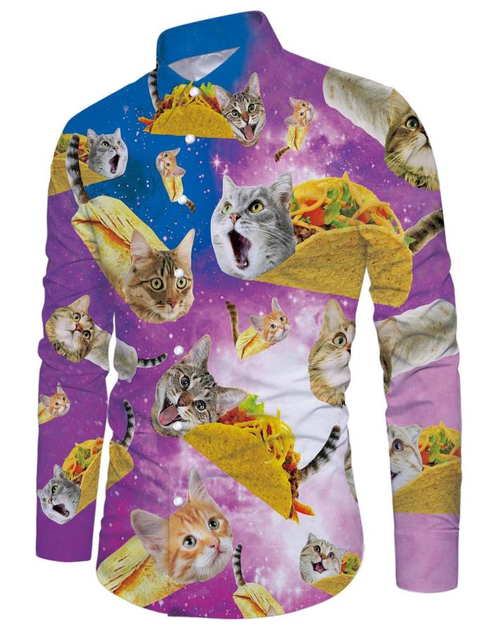 Mens Galaxy Taco Cat Printed Long Sleeve Shirt