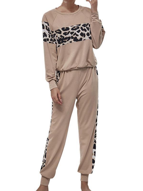 Women'S 2 Piece Outfits Leopard Sweatshirt And Jogger Pants