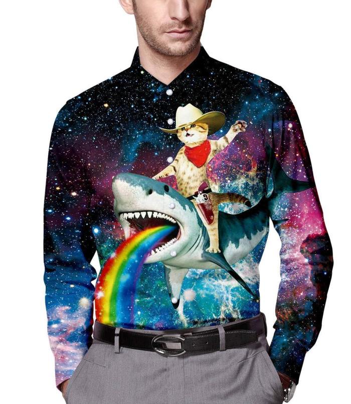 Mens Shirts Galaxy Cat On Rainbow Shark Printed Blouse