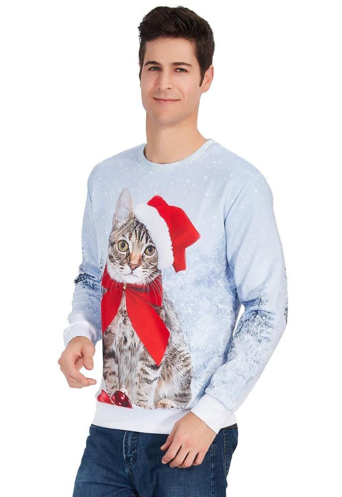 Mens Pullover Sweatshirt 3D Printing Christmas Cat Pattern