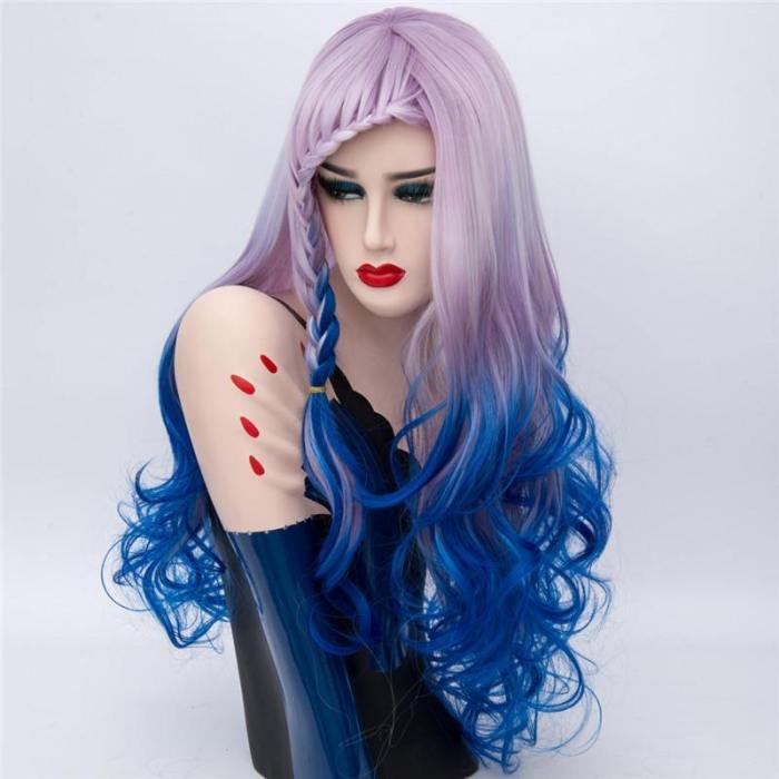 Long Braids Cosplay Wigs For Women Rainbow Ombre Braiding Synthetic Wavy Wig